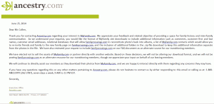 Ancestry.com answer regarding Myfamily.com